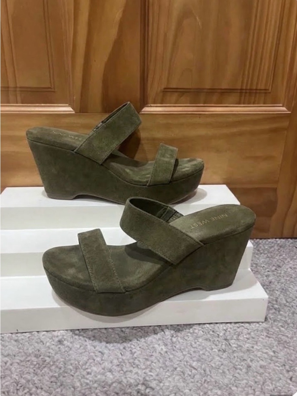 Nine West Alake Army Green Women's Suede Wedge Sandal - Slip-On Platform